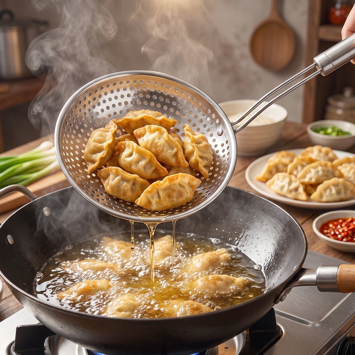 A stainless steel perforated skimmer spoon lifts steaming fried dumplings from a wok of hot oil.