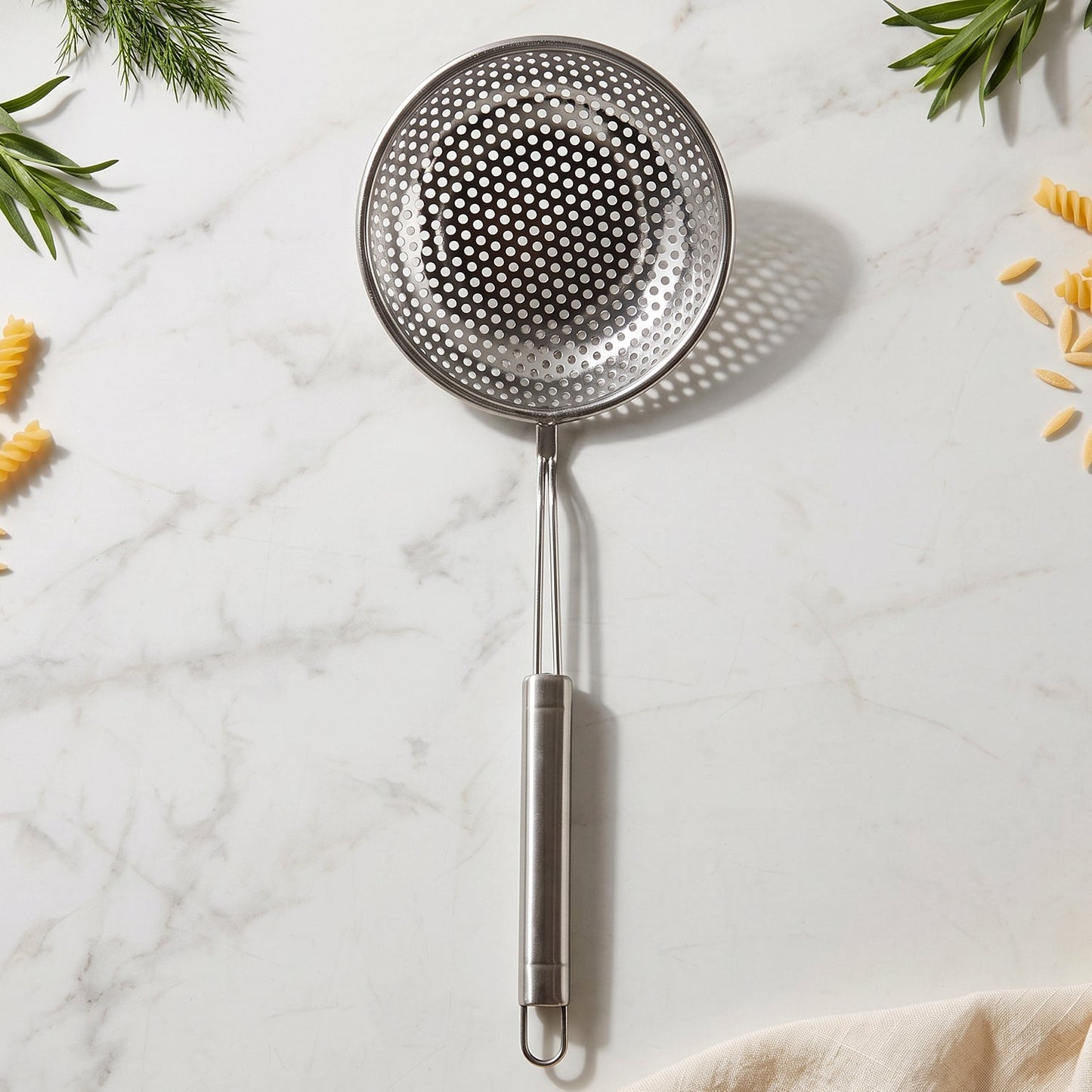 A stainless steel perforated skimmer spoon on a white marble surface, surrounded by pasta and herbs.