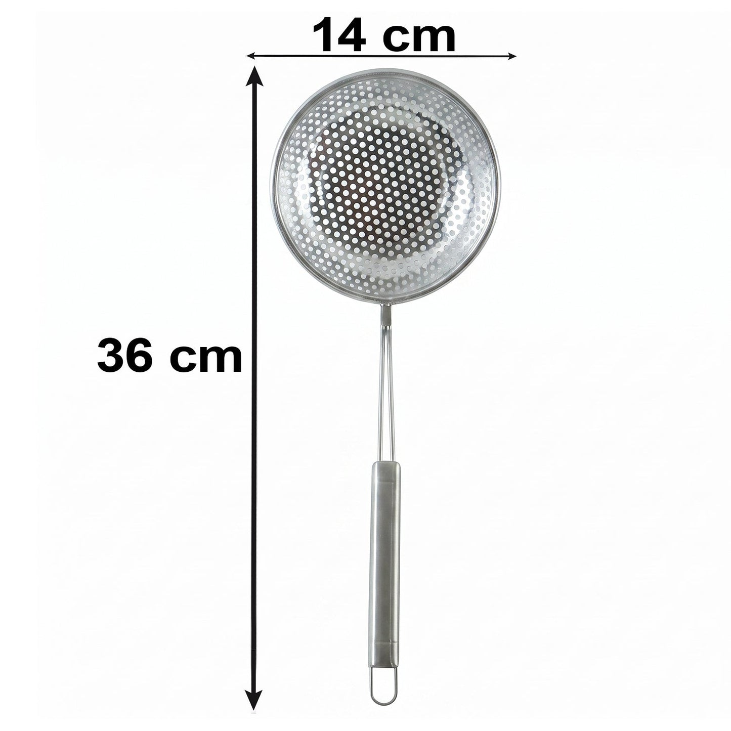 A stainless steel perforated skimmer spoon with dimensions: 36 cm total length and 14 cm basket diameter.
