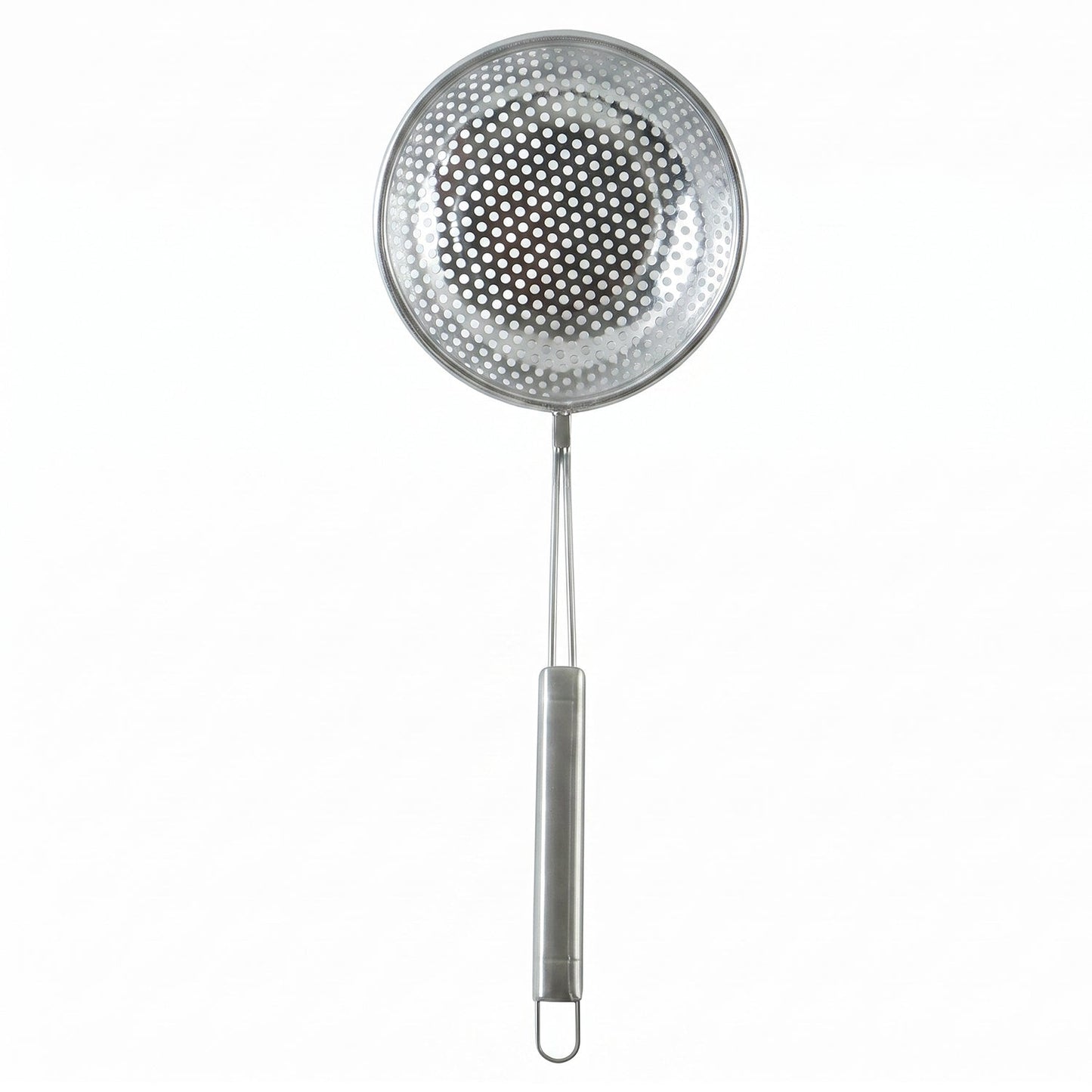 A single stainless steel perforated skimmer spoon with a long handle on a plain white background.