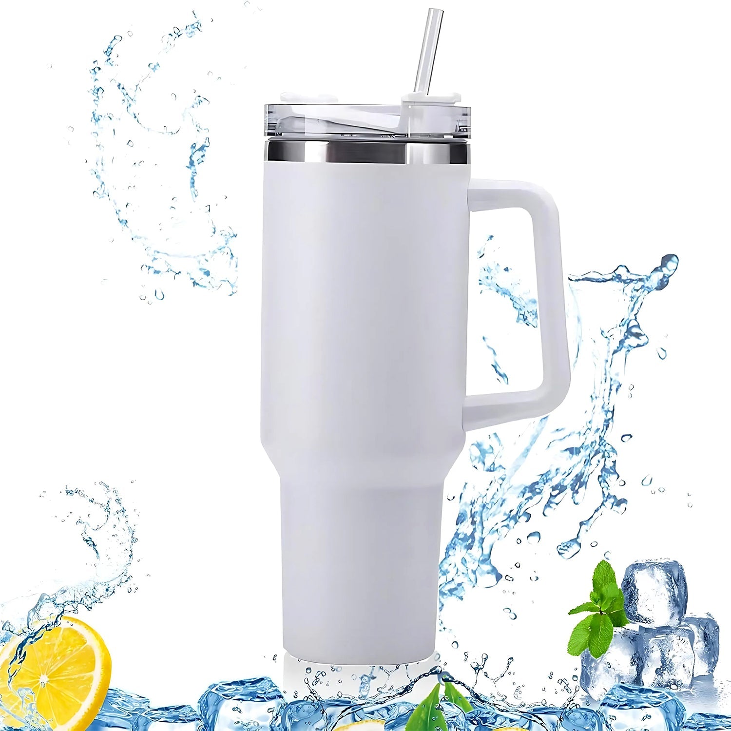 Top view of white travel tumbler showing spill-resistant lid with straw