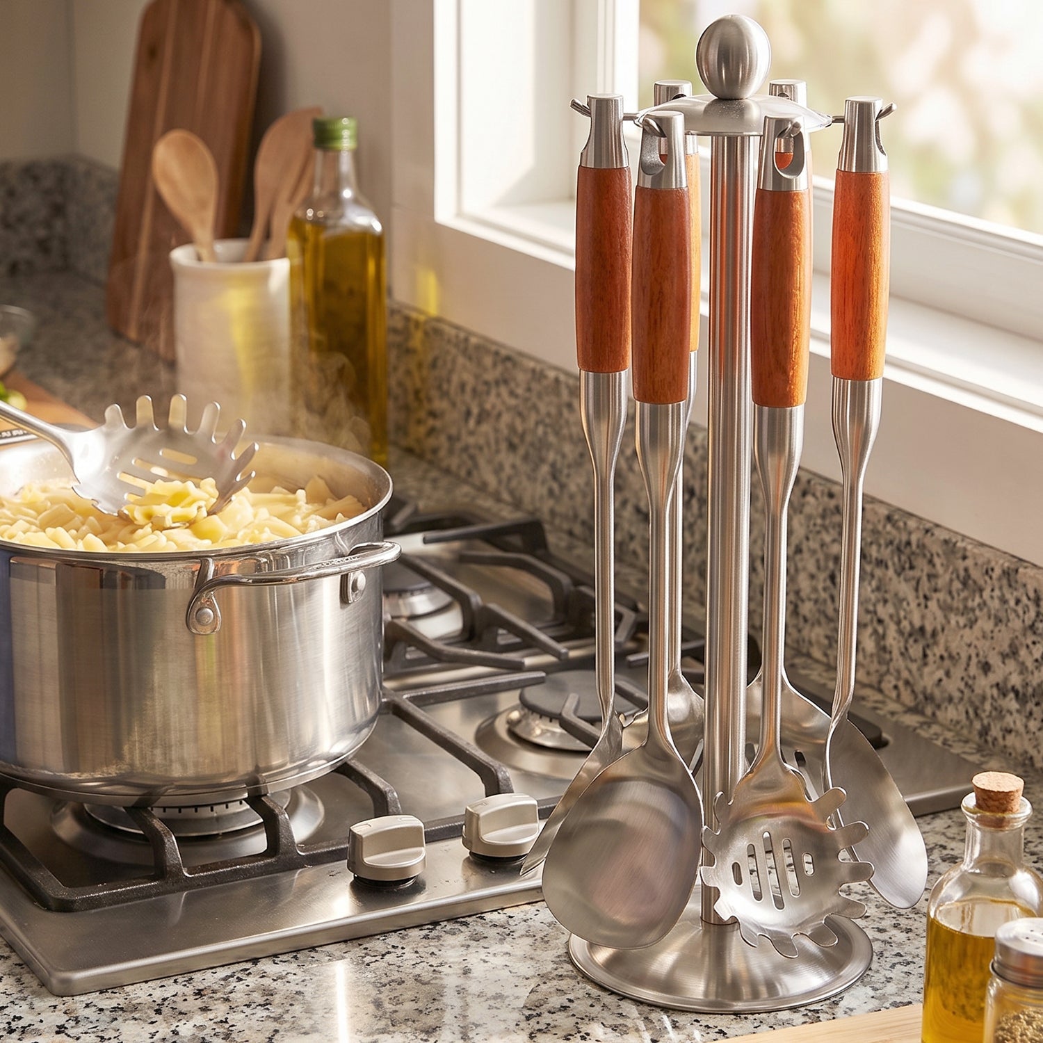 Kitchen utensils being used for cooking and serving
