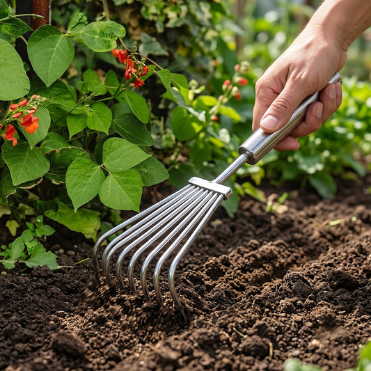 Stainless steel garden hand rake with curved tines for gardening chores