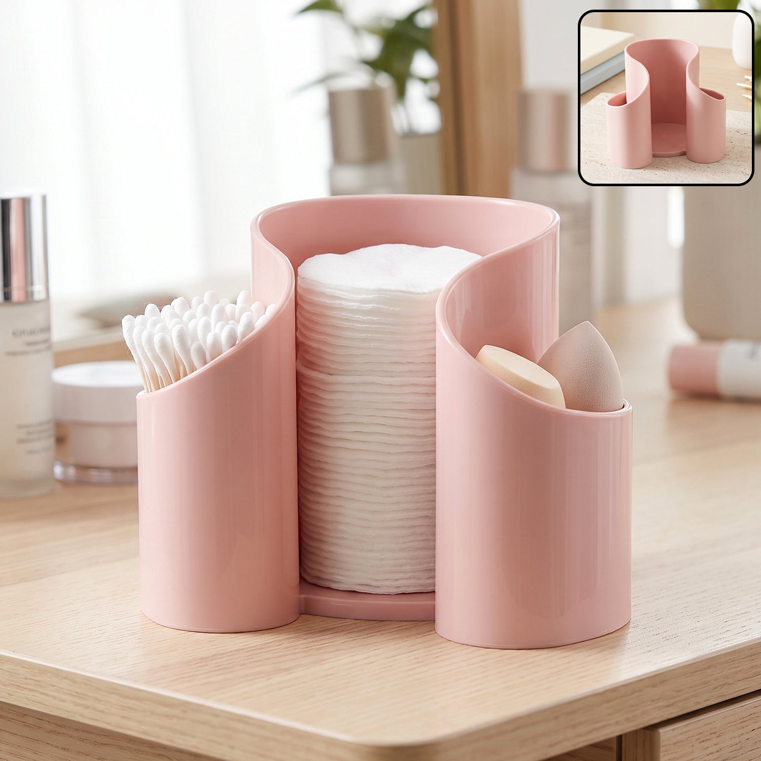 Plastic cosmetic desktop organizer caddy for cotton pads and makeup
