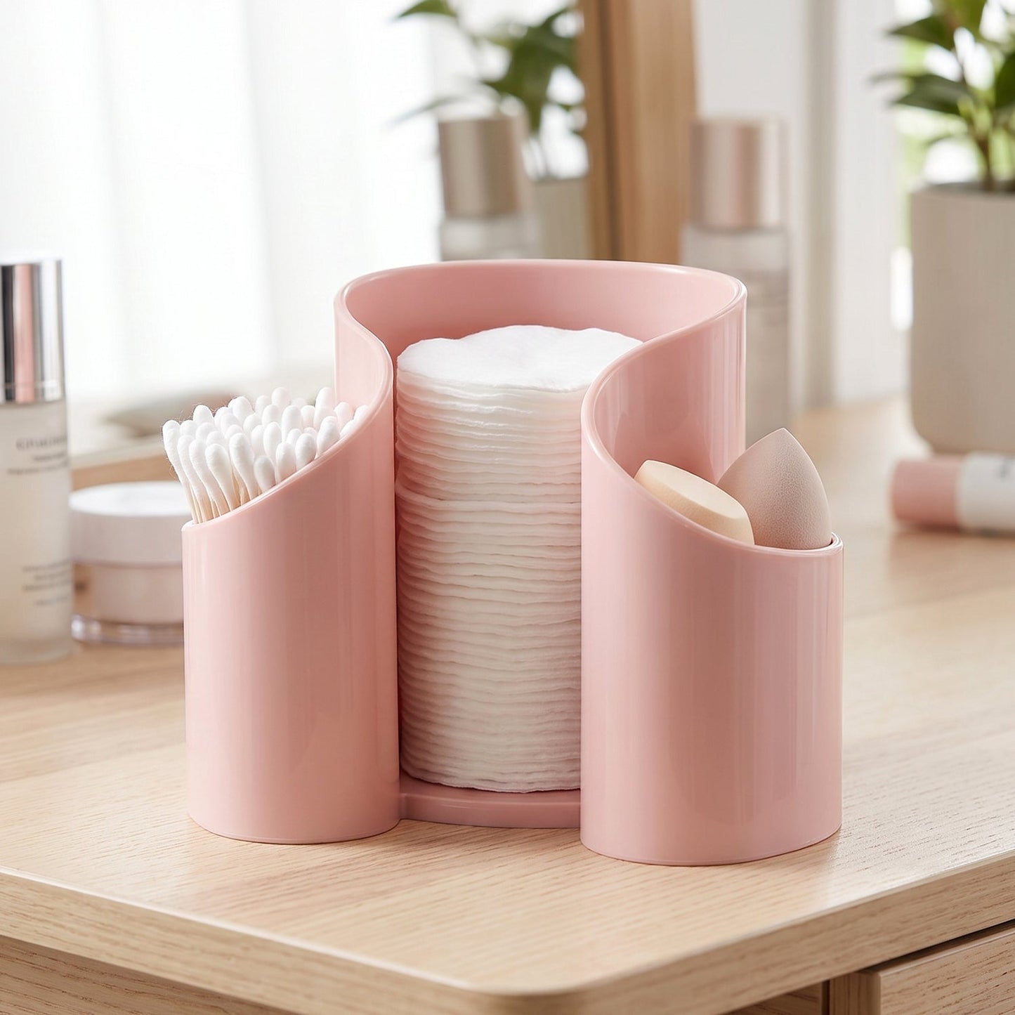 Organizer holding cotton pads, buds and cosmetics