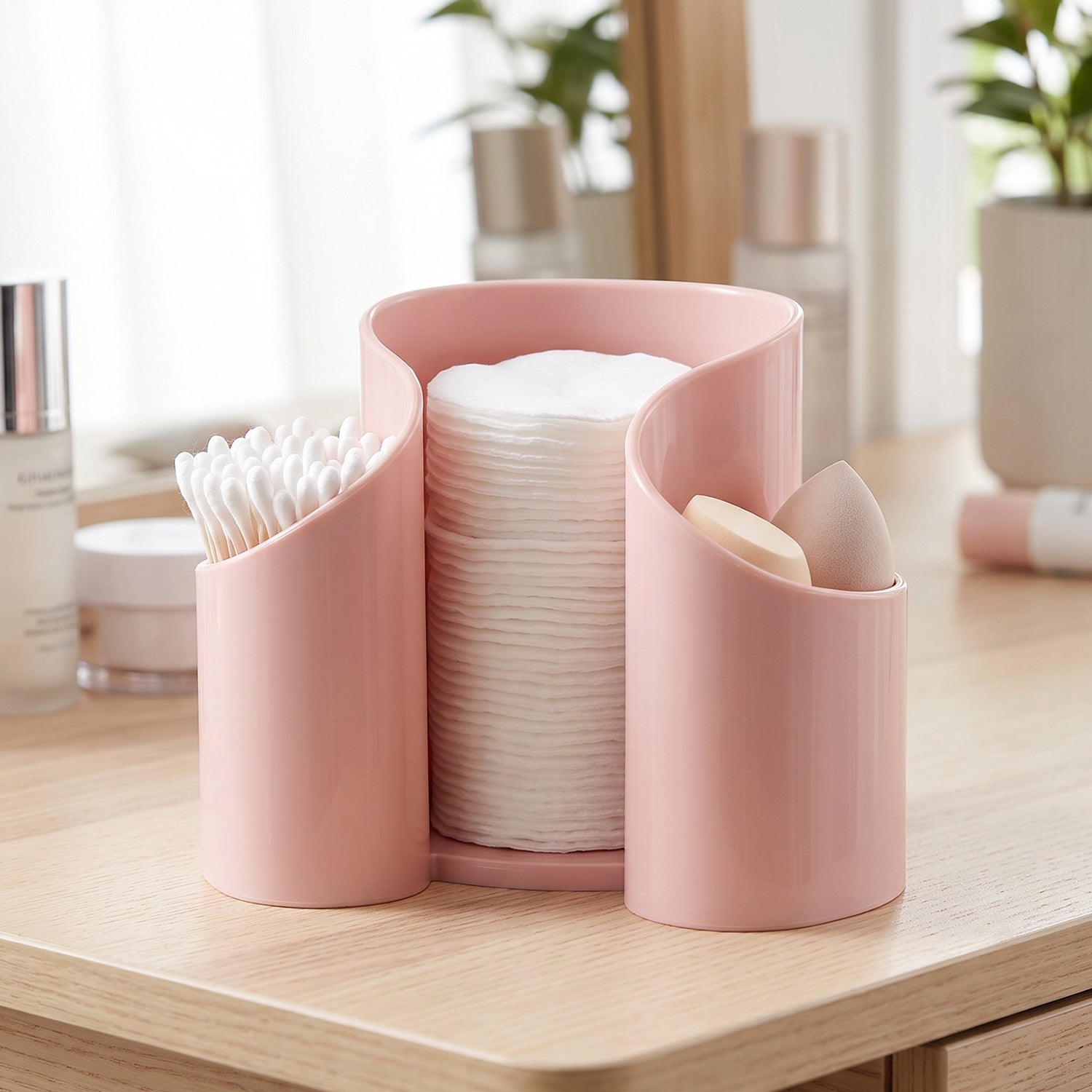 Organizer holding cotton pads, buds and cosmetics