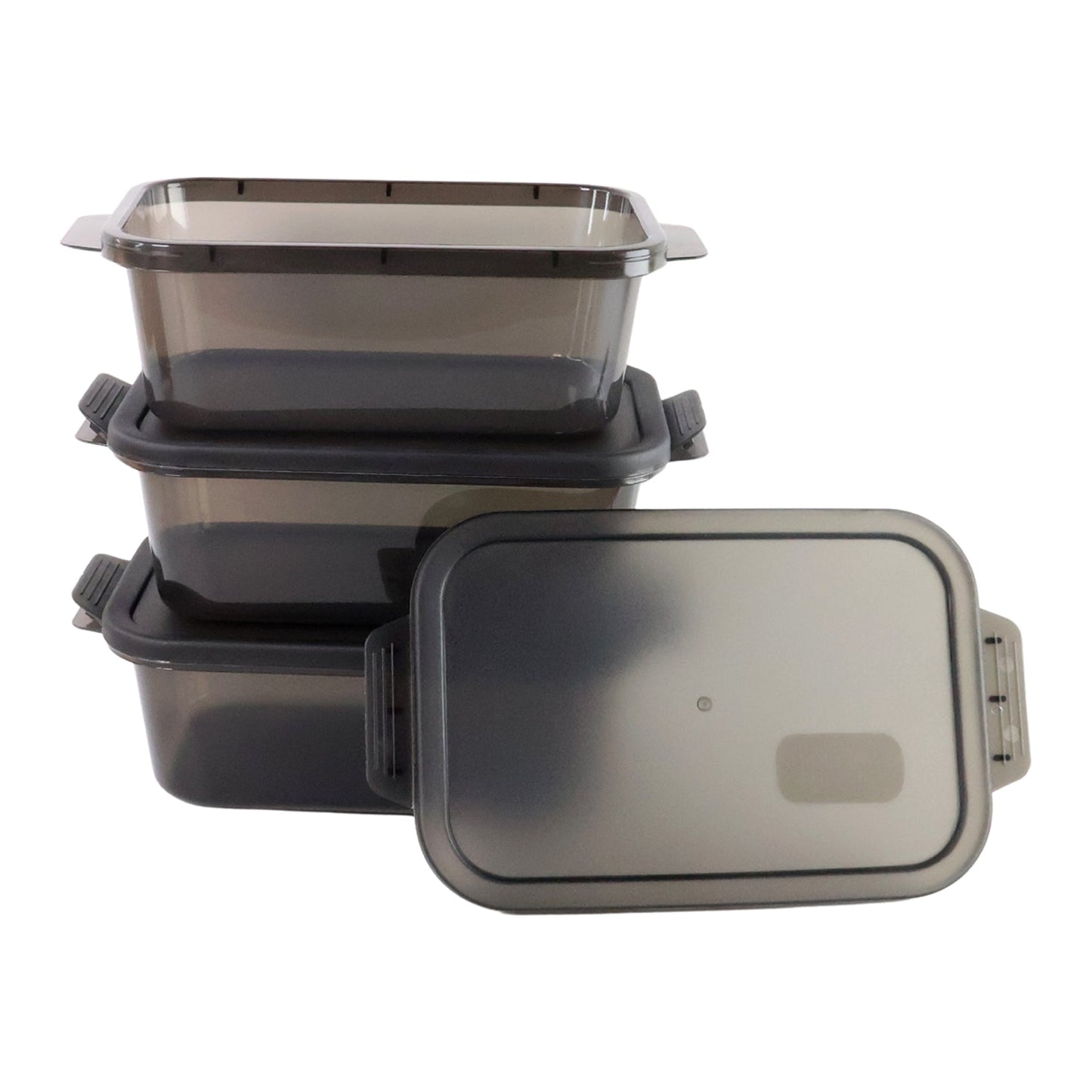 Three rectangular food storage boxes neatly stacked for efficient kitchen space.