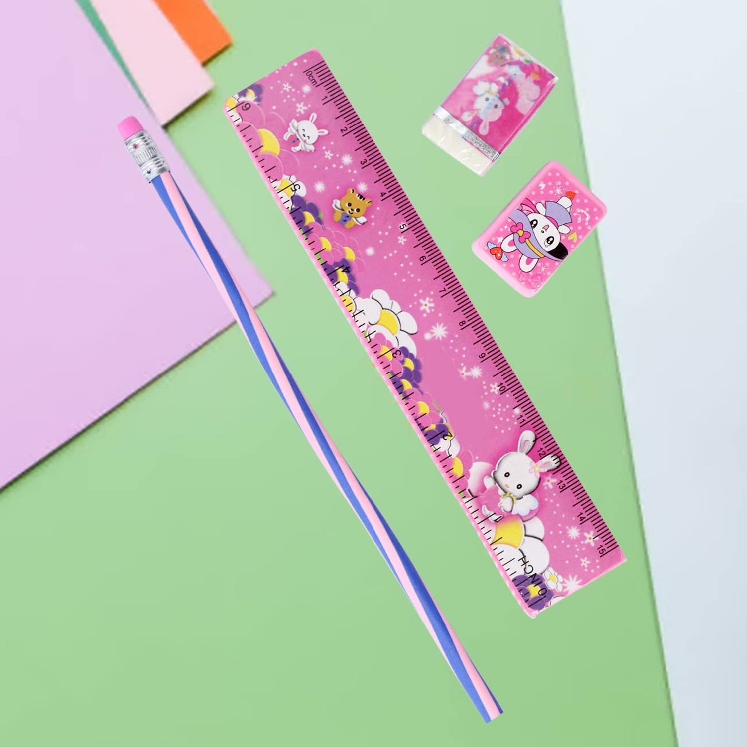 4-In-1 Cute Pink Stationery Set with Ruler, Pencil, Eraser & Sharpener
