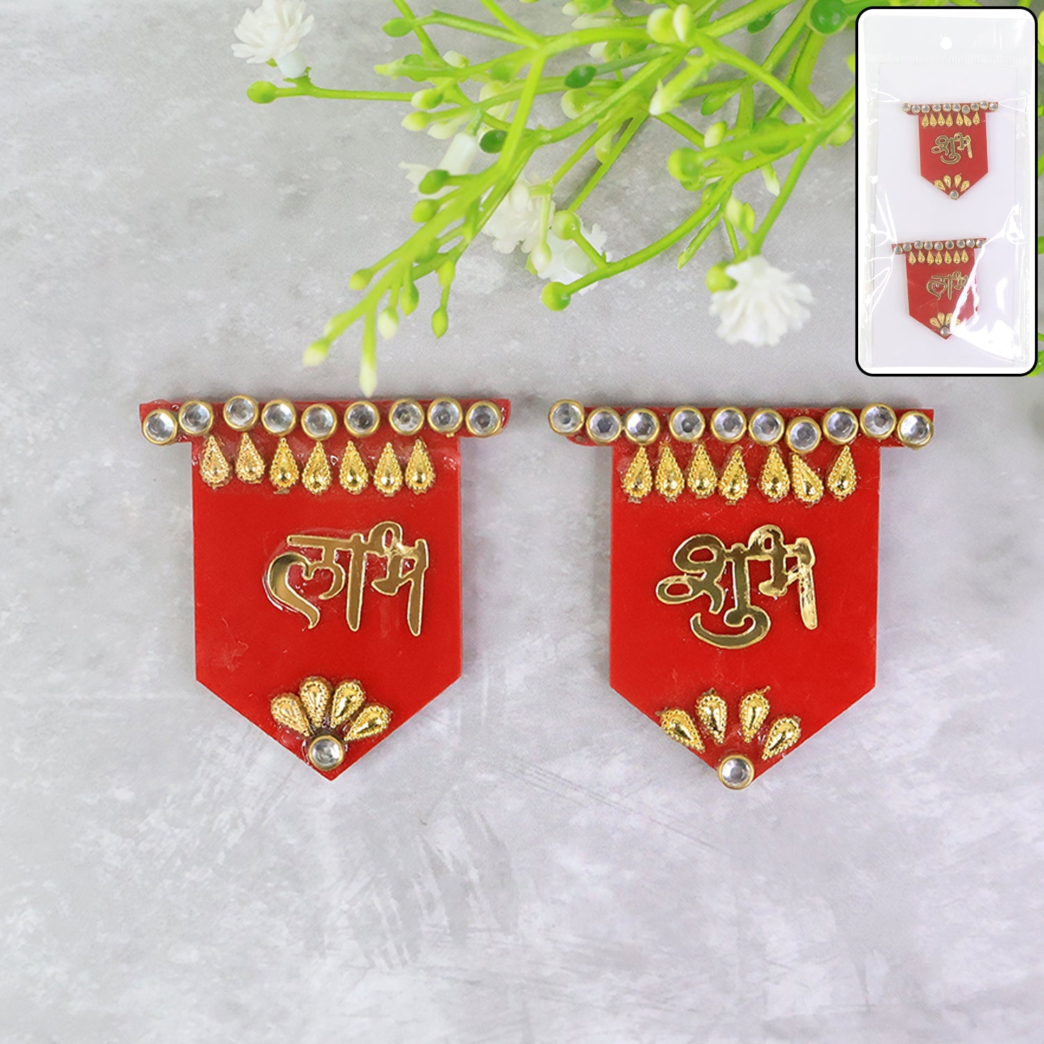 Set of Shubh Labh wall hangings with red and golden design and decorative stones