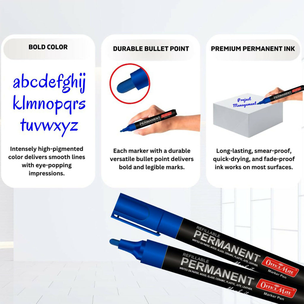 Refillable Permanent Marker Pen – Blue Ink, 10 Piece Combo