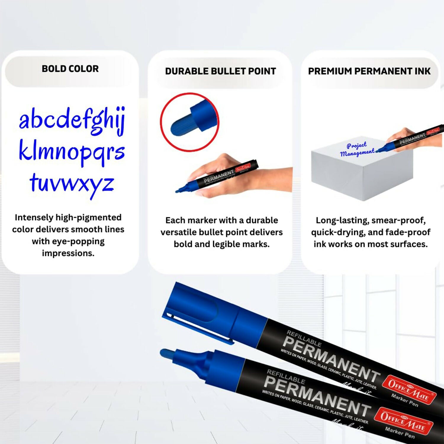 Refillable Permanent Marker Pen – Blue Ink, 10 Piece Combo