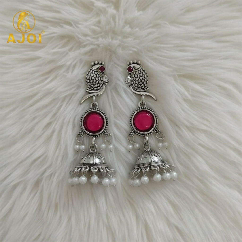 Antique Silver Peacock Jhumka Earrings with Pink Stone & Pearl Drops – Traditional Ethnic Dangle Earrings