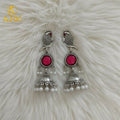 Antique Silver Peacock Jhumka Earrings with Pink Stone & Pearl Drops – Traditional Ethnic Dangle Earrings