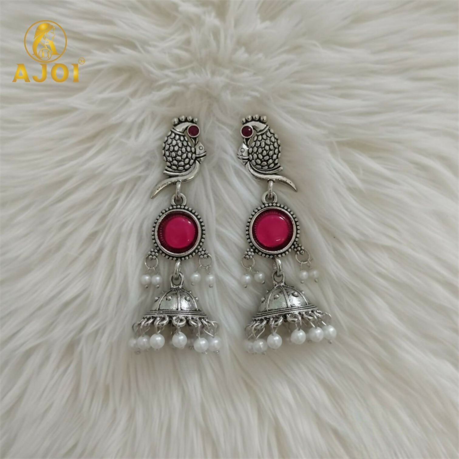 Antique Silver Peacock Jhumka Earrings with Pink Stone & Pearl Drops – Traditional Ethnic Dangle Earrings