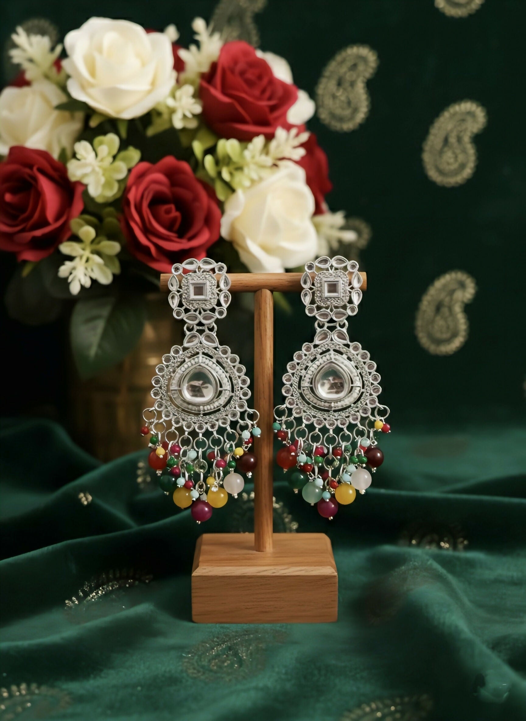 Oxidized Silver Chandbalis with Multi-Color Bead Drops earrings
