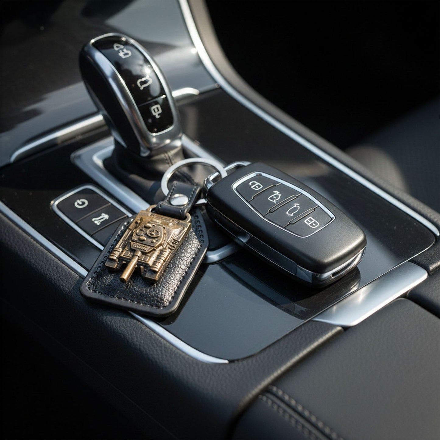 Compact key holder with vintage military tank design and sturdy metal ring