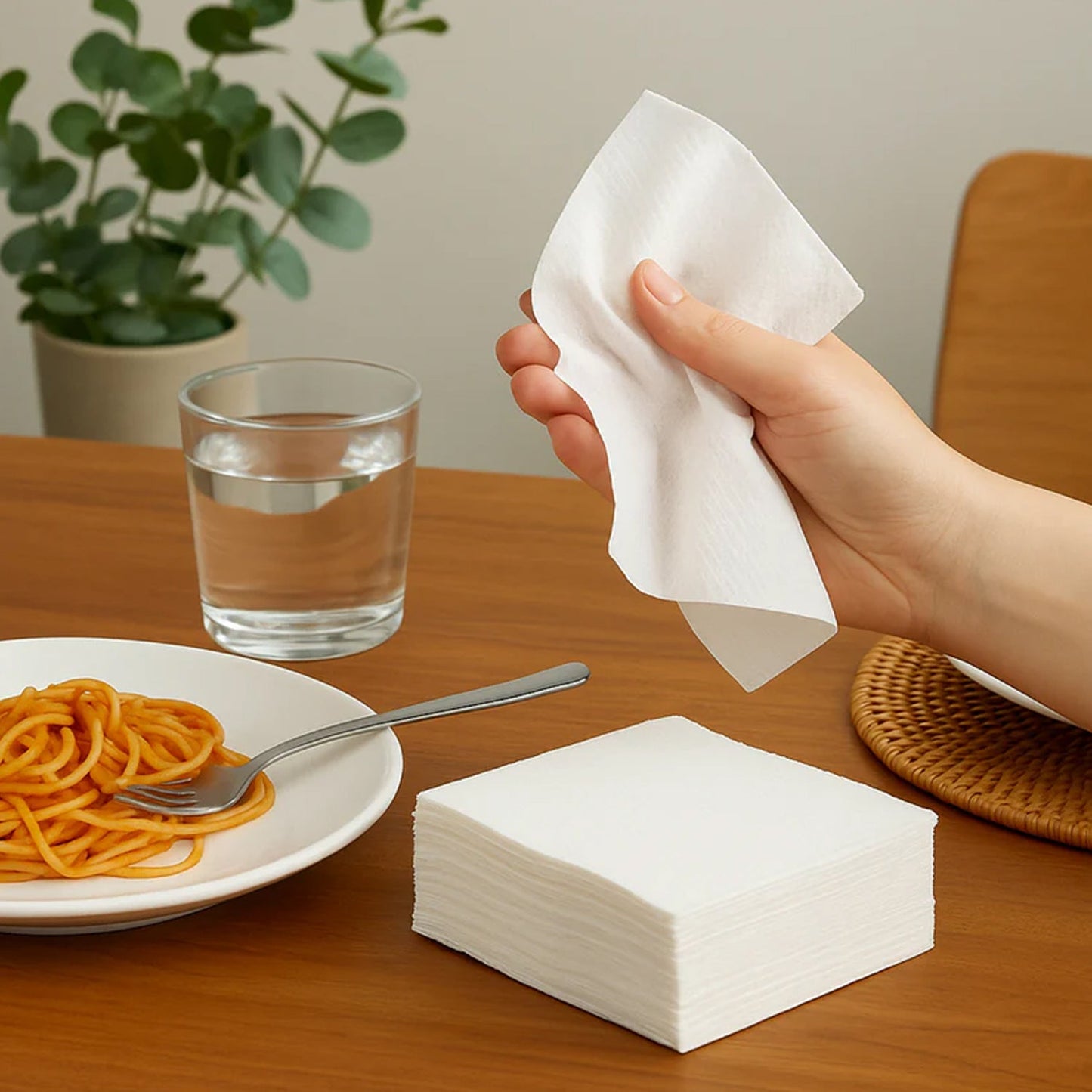 White disposable paper napkins arranged neatly on table