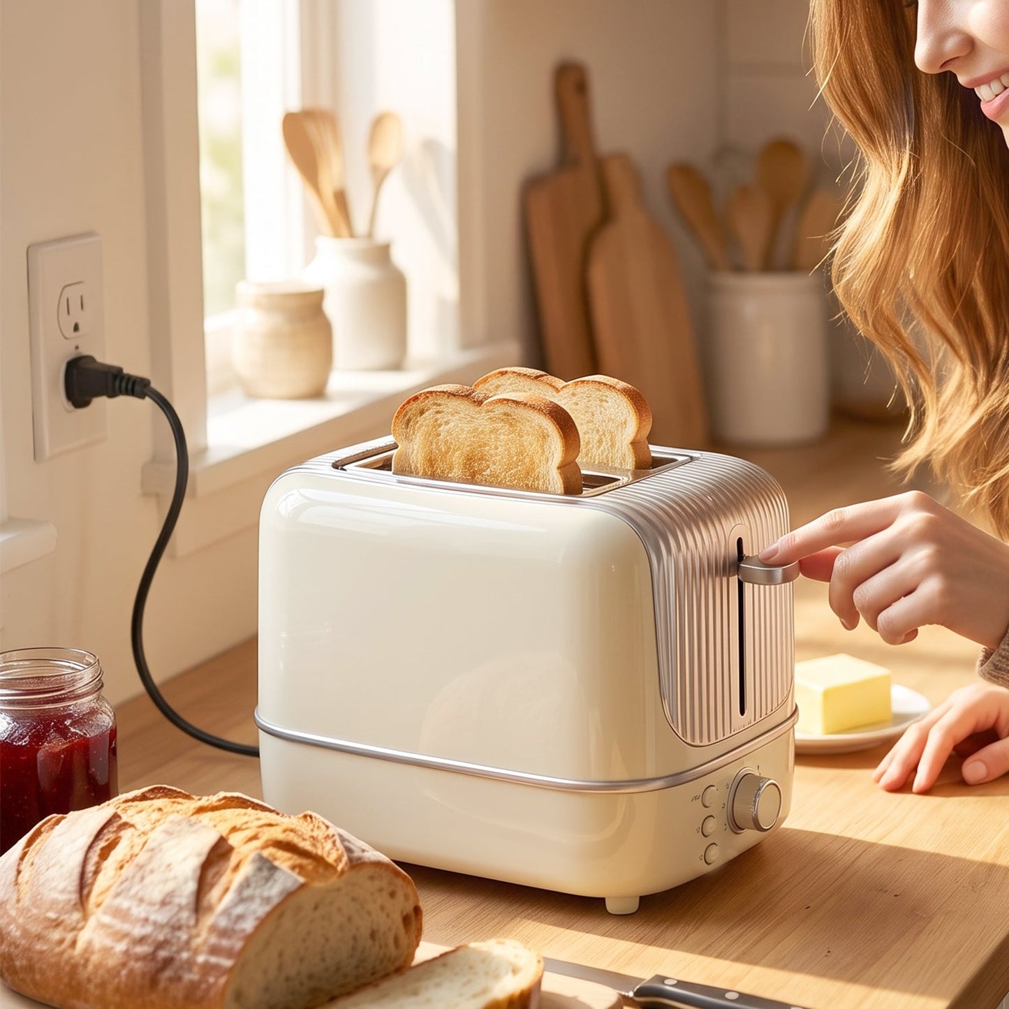 Toast popping up from the two slice toaster