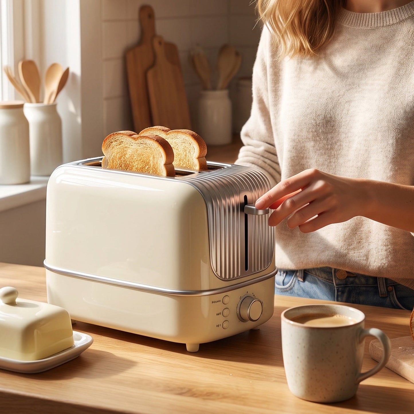 Two wide bread slots on the toaster