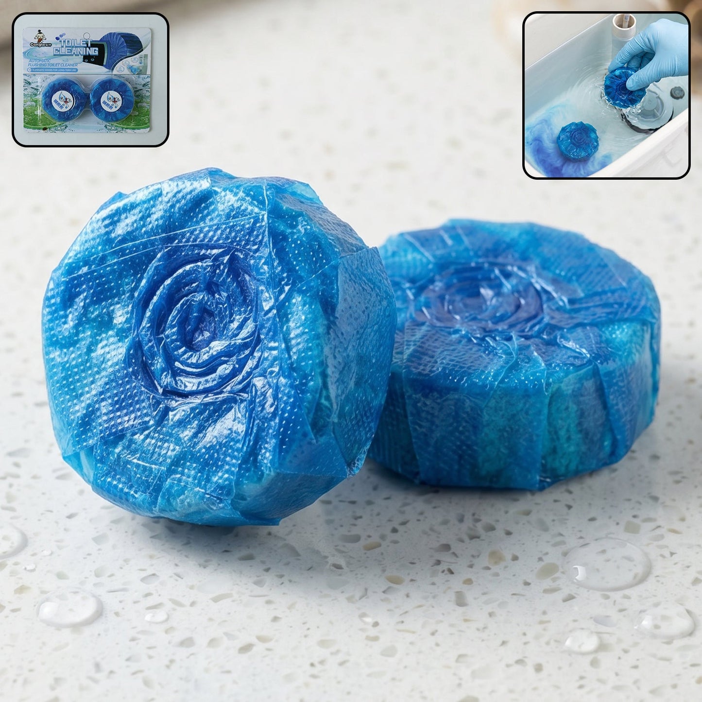 Two blue toilet cleaner tablets on a wet counter, with packaging and application insets.