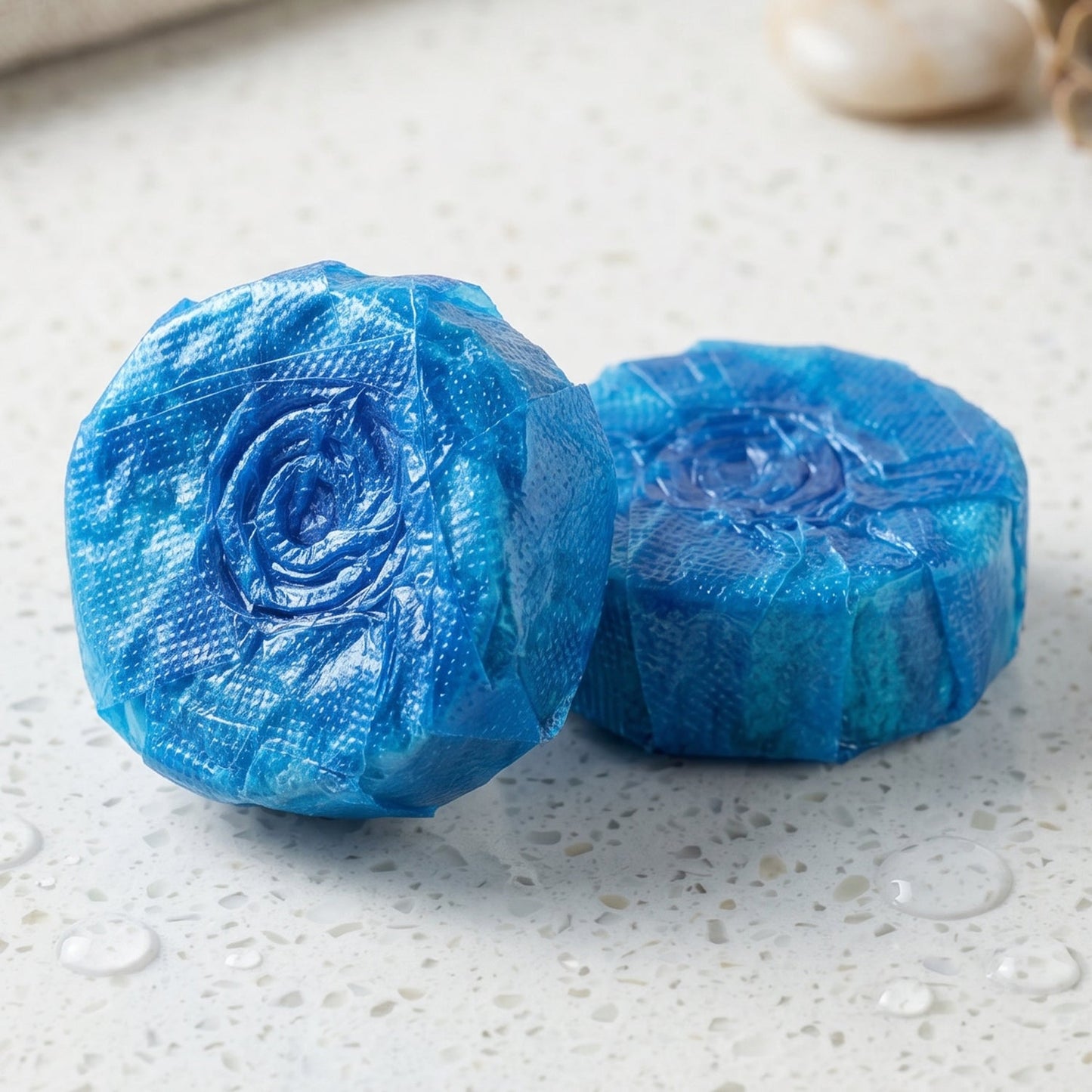 Two blue toilet cleaner tablets with a spiral pattern on a wet marble counter.