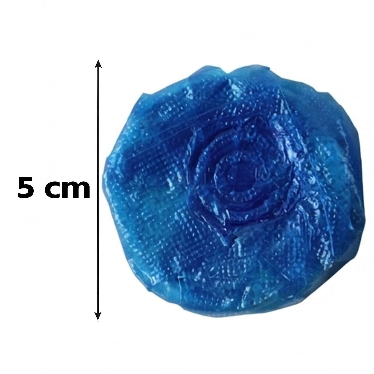 A single blue toilet cleaner tablet with a 5 cm measurement indicator on a white background.