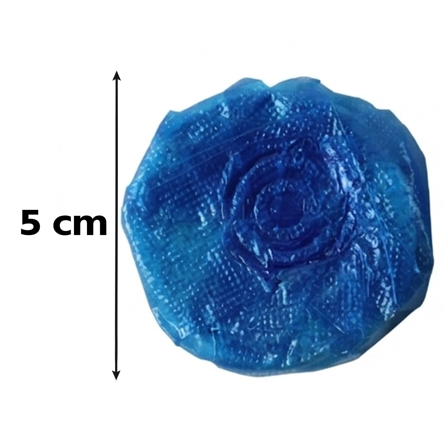A single blue toilet cleaner tablet with a 5 cm measurement indicator on a white background.