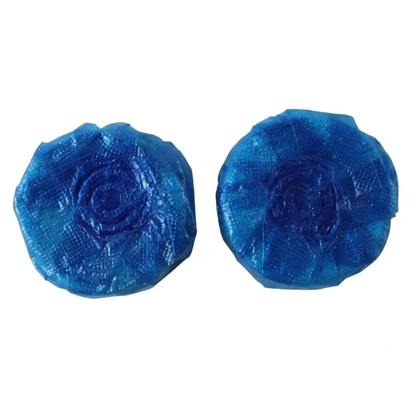 Two blue toilet cleaner tablets with a spiral pattern on a white background.