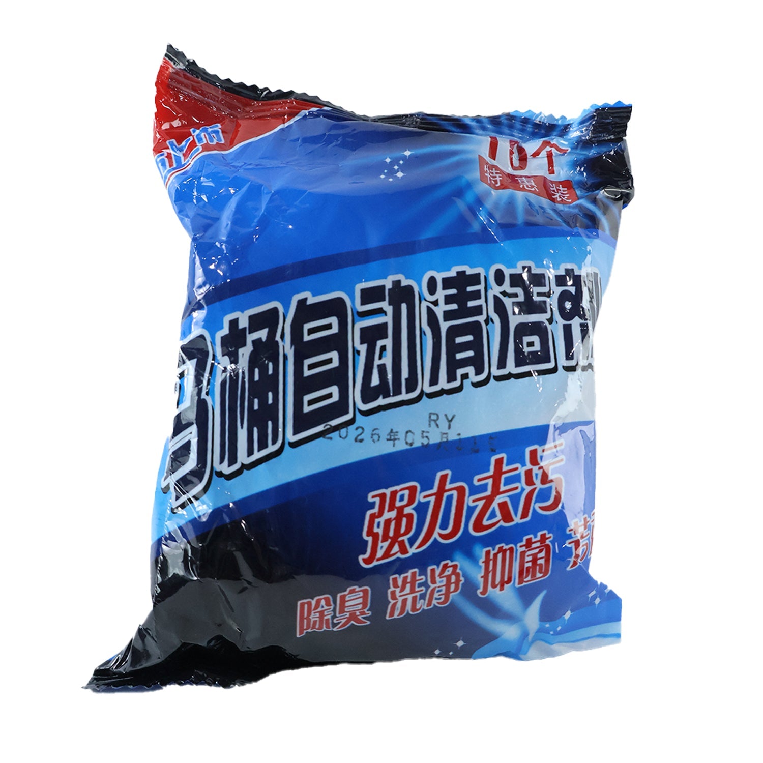 A blue and black package of toilet cleaner tablets with Chinese text is shown on a white background.