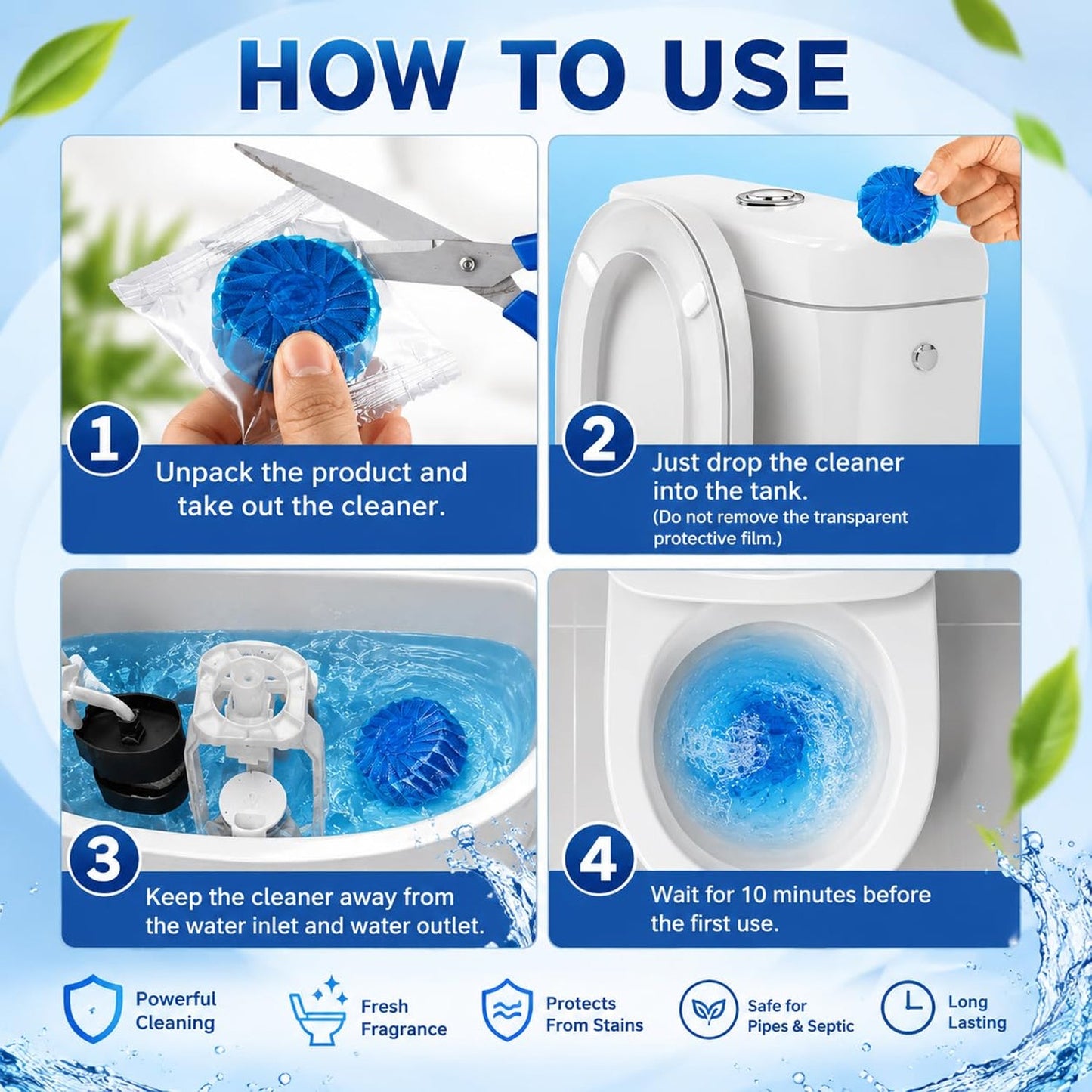 A four-panel graphic illustrates how to use the blue toilet cleaner tablets, from unpacking to the final blue water.