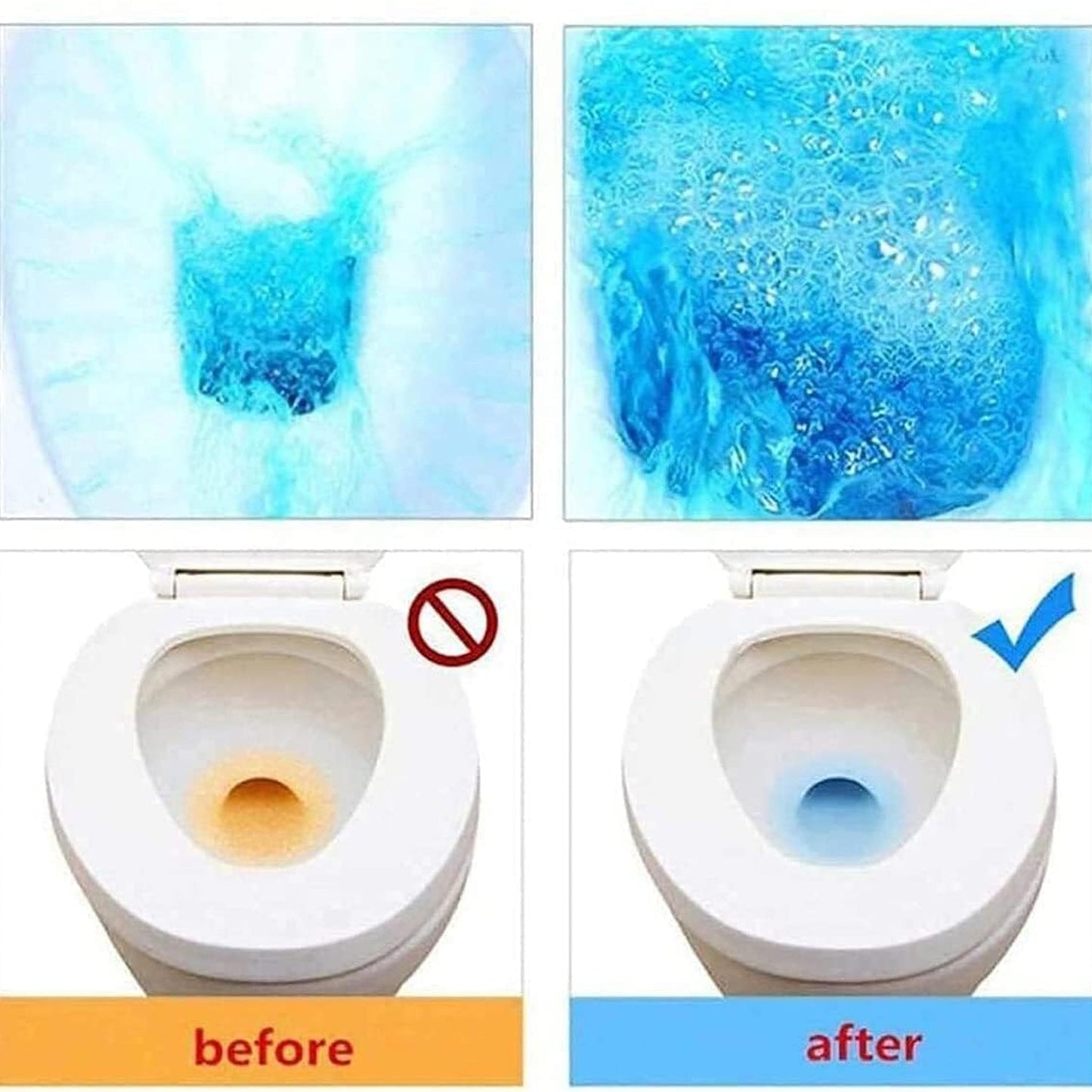 A four-panel comparison shows a dirty toilet bowl becoming clean and blue after using the tablets.