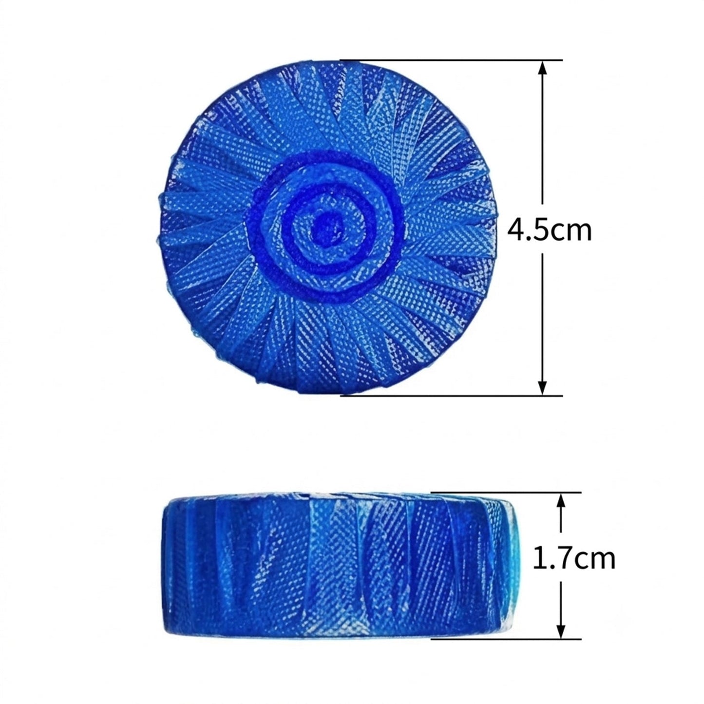 Two views of a single blue toilet cleaner tablet with dimensions: 4.5cm diameter and 1.7cm height.