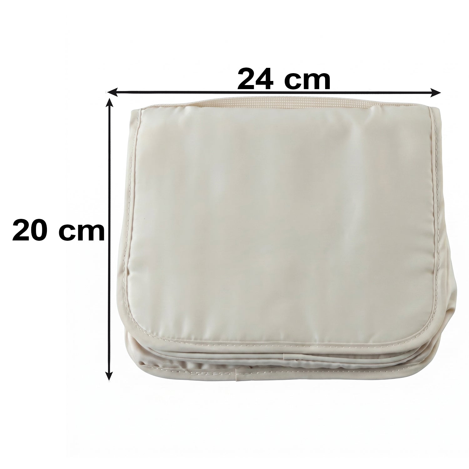 A folded beige toiletry bag with dimensions shown: 24 cm width and 20 cm height.