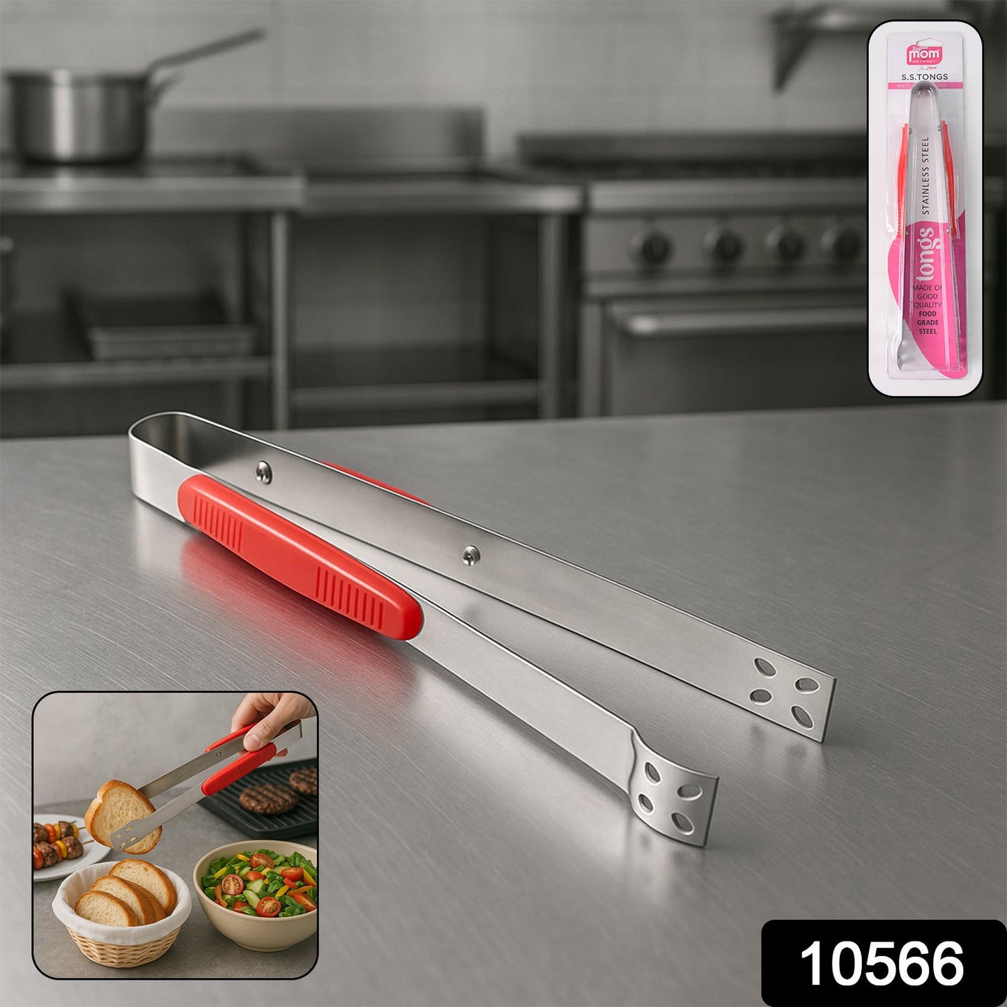 Premium stainless steel kitchen tongs with ergonomic grip on white background
