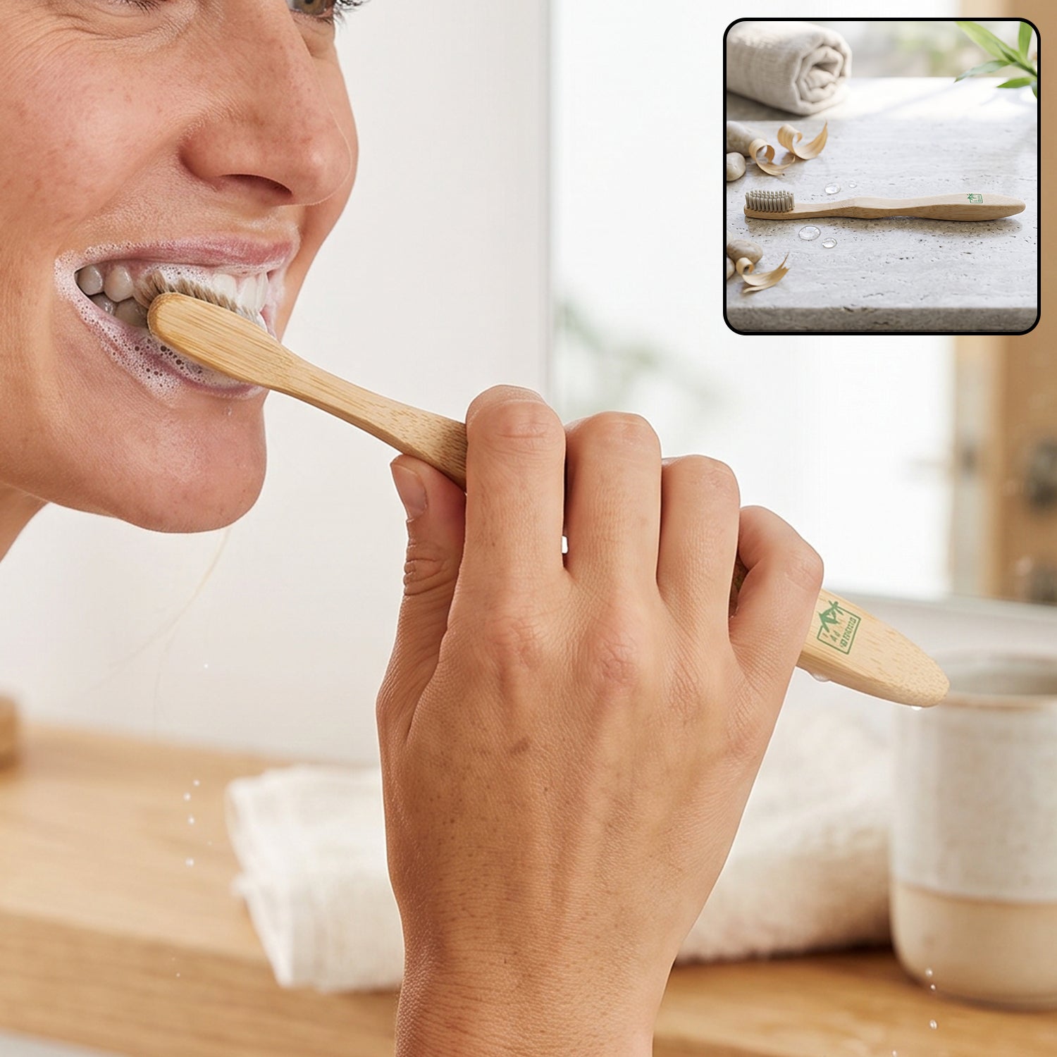 A woman brushes her teeth with a bamboo toothbrush, a small inset shows the toothbrush on a stone surface.