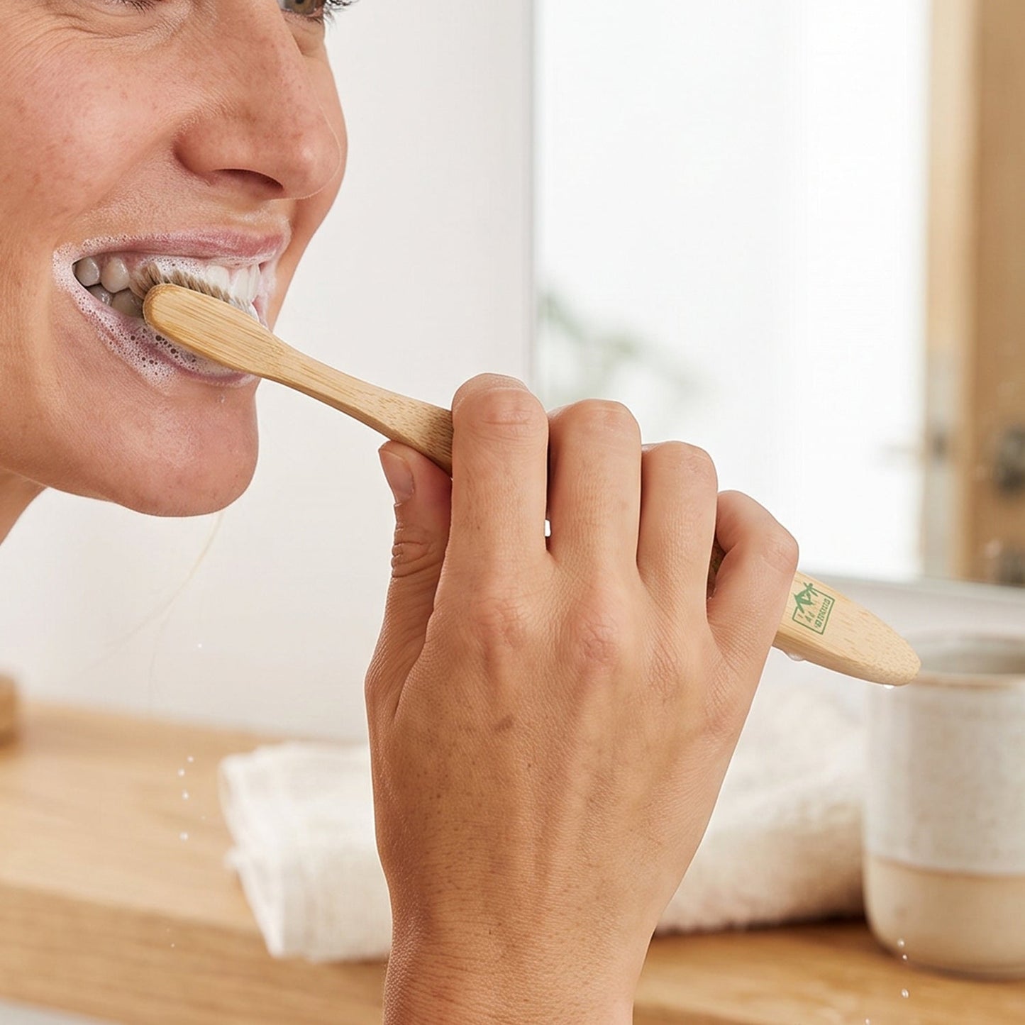 A woman brushes her teeth with a bamboo toothbrush, showing foam around her mouth and a reflection in the mirror.