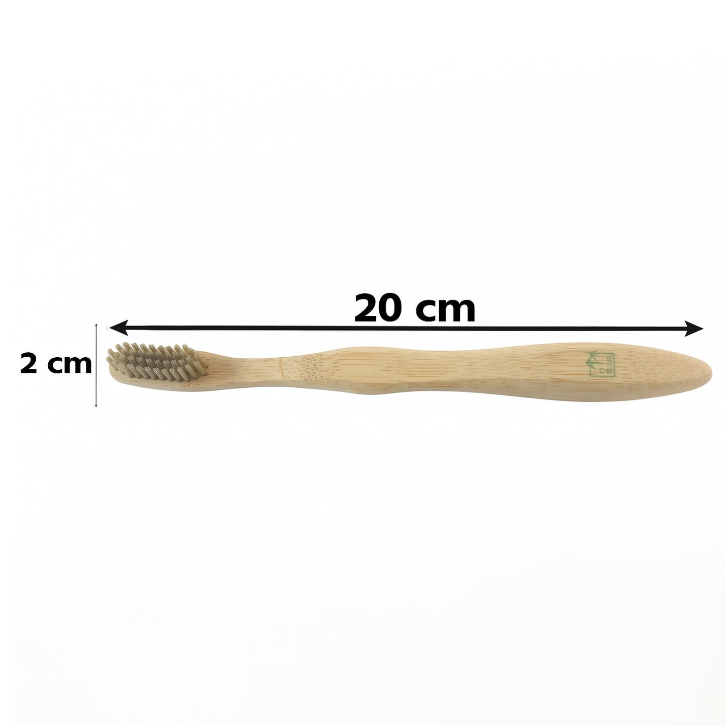A bamboo toothbrush with gray bristles is shown with dimensions: 20 cm length and 2 cm head width.