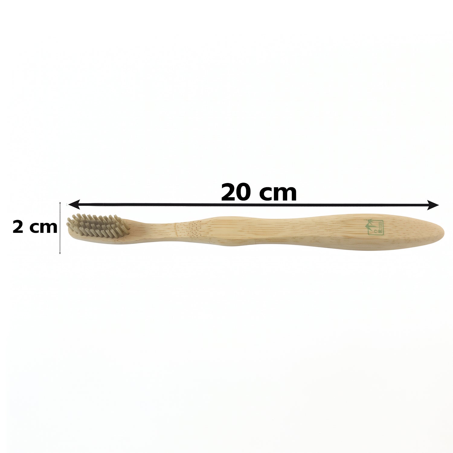A bamboo toothbrush with gray bristles is shown with dimensions: 20 cm length and 2 cm head width.