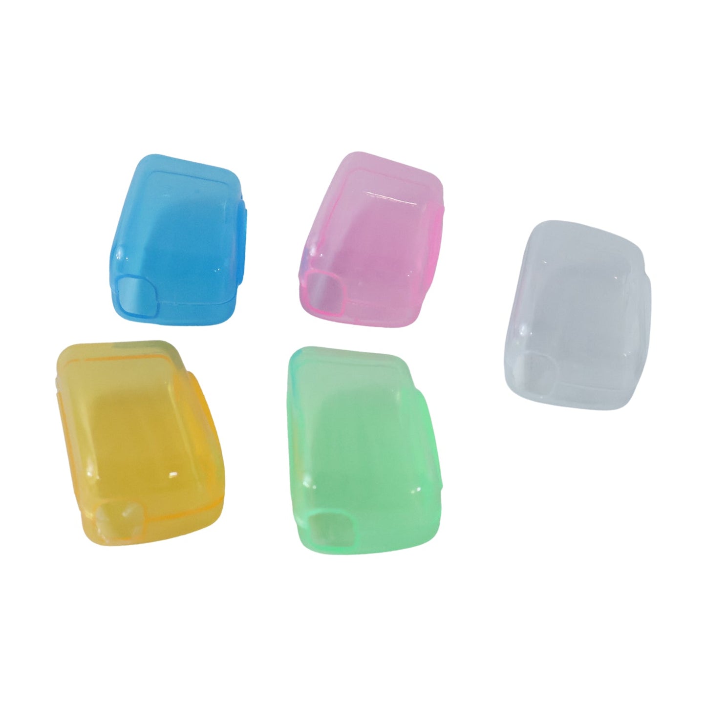 Five translucent plastic toothbrush head covers in blue, pink, clear, yellow, and green are arranged on a white background.