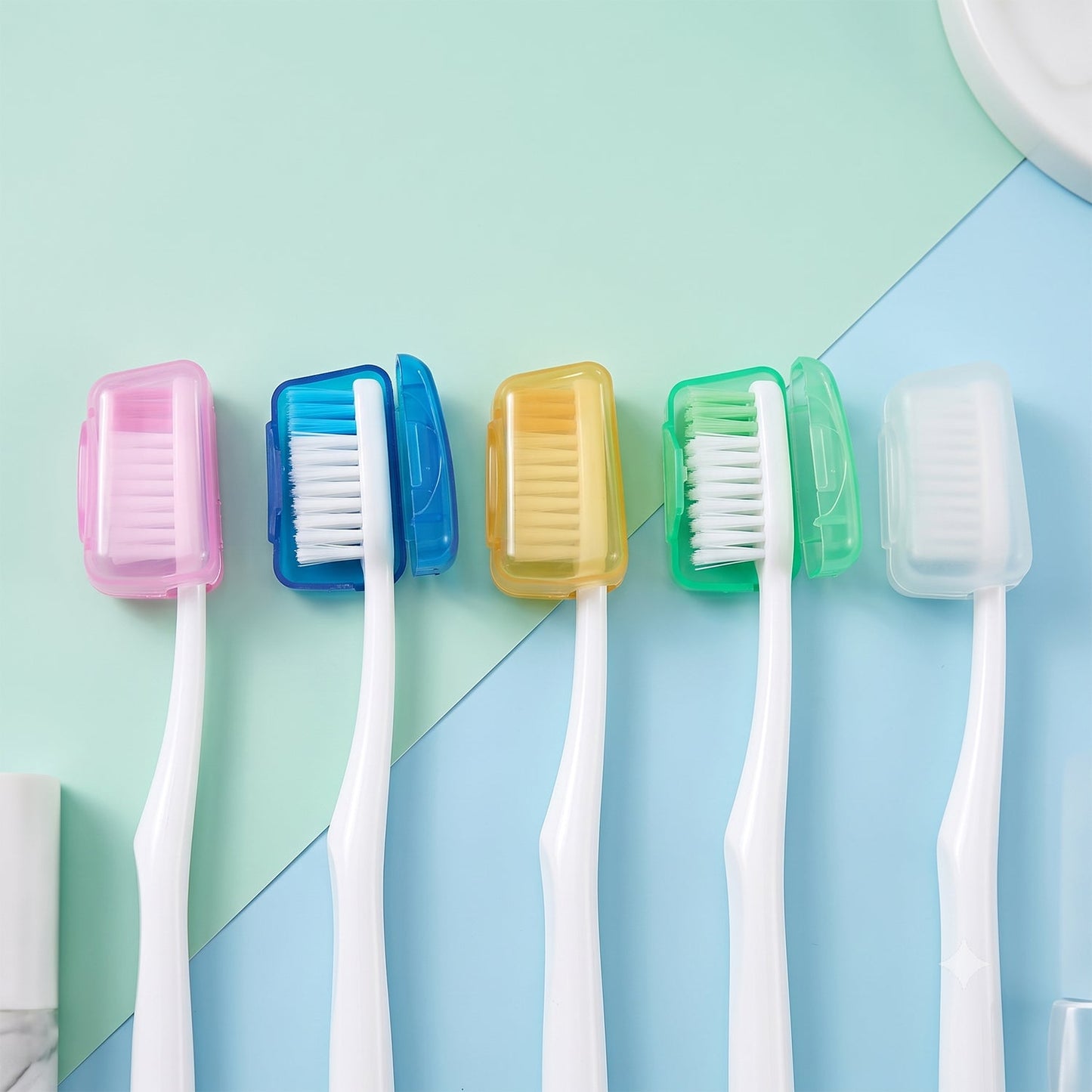 Five toothbrushes with white handles and colorful bristles have matching translucent head covers in pink, blue, yellow,