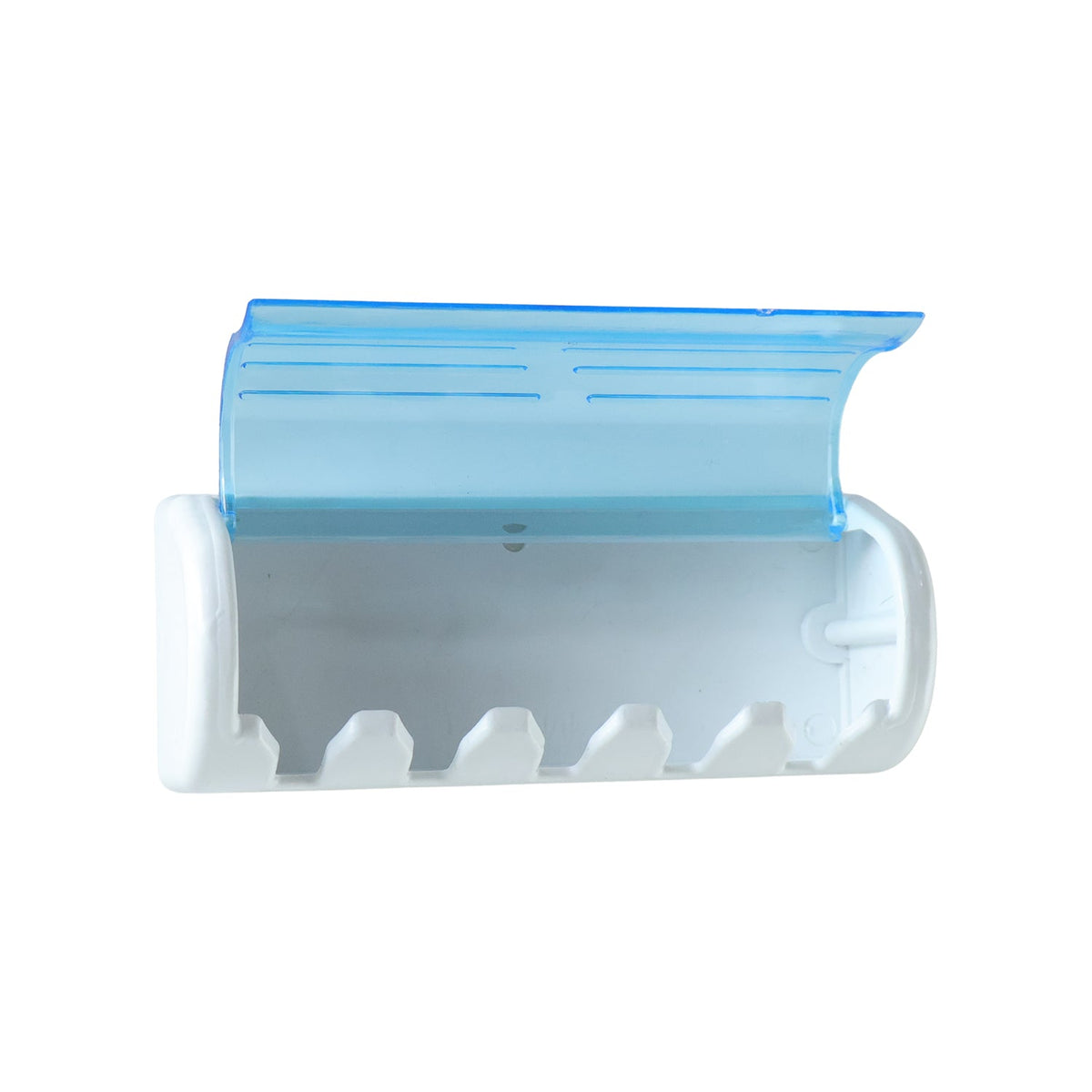 White and blue wall-mounted toothbrush holder with its blue cover partially open on a white background