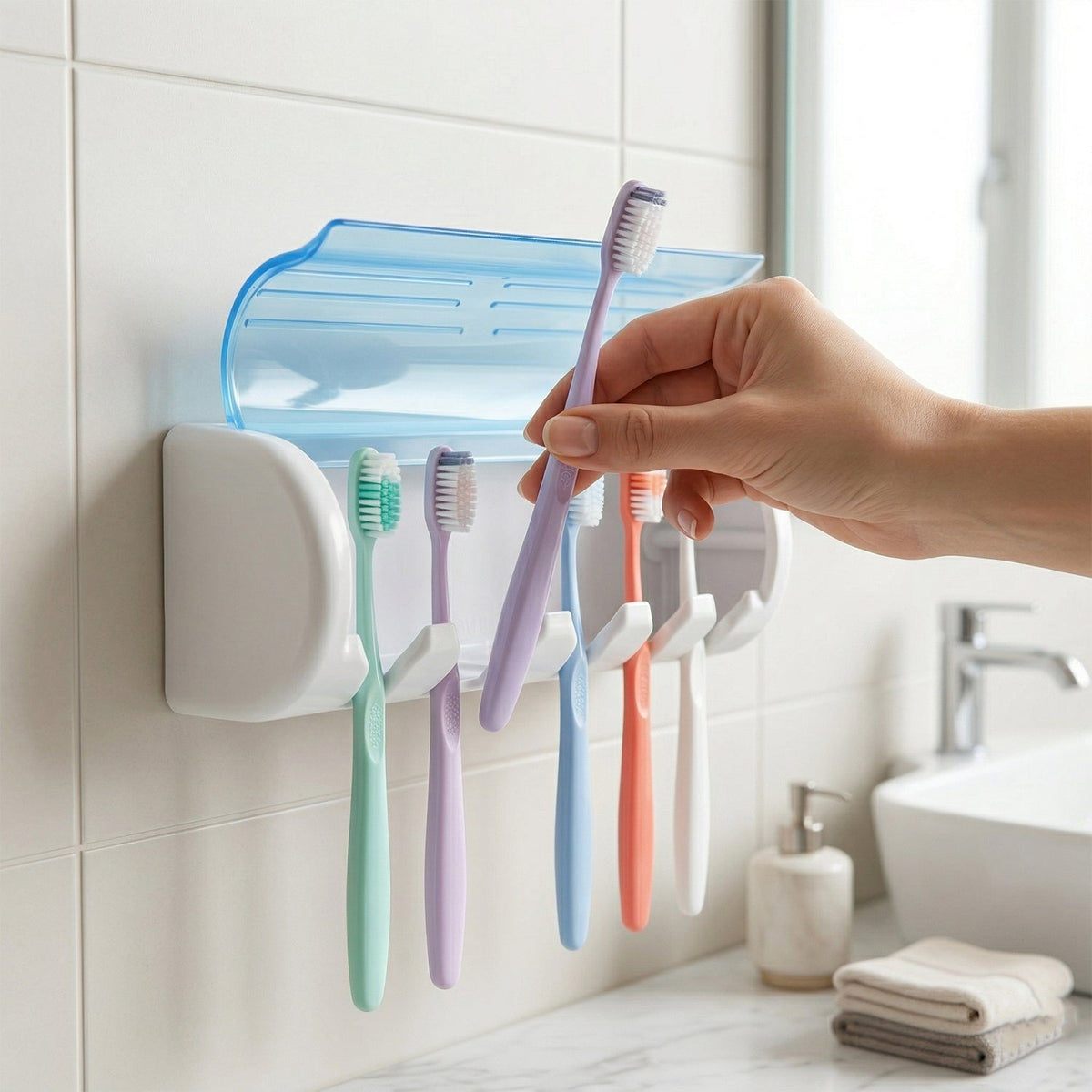 A hand placing a purple toothbrush into a white and blue wall-mounted holder with other toothbrushes.