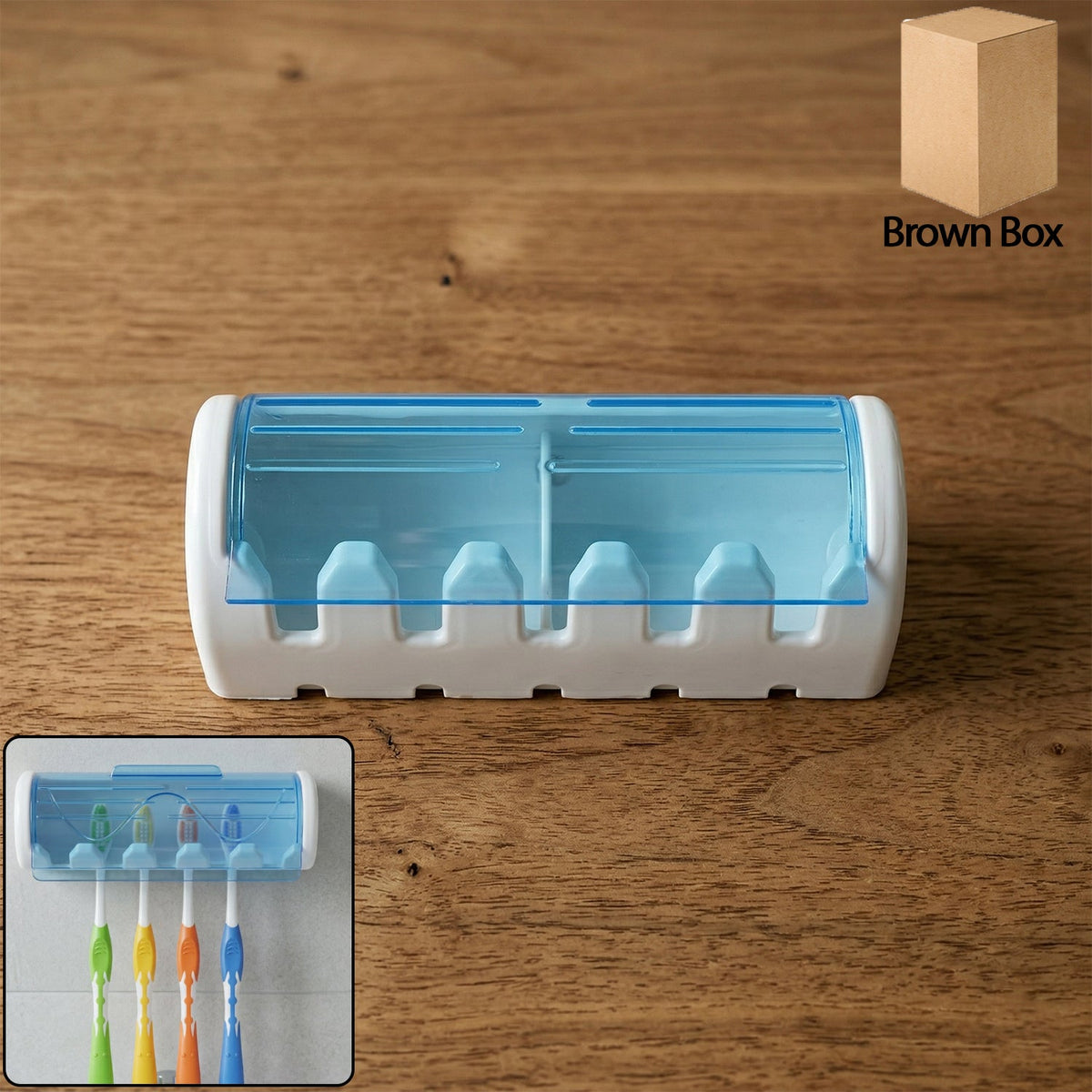 White and blue toothbrush holder on a wooden surface with a small inset image and a brown box icon.
