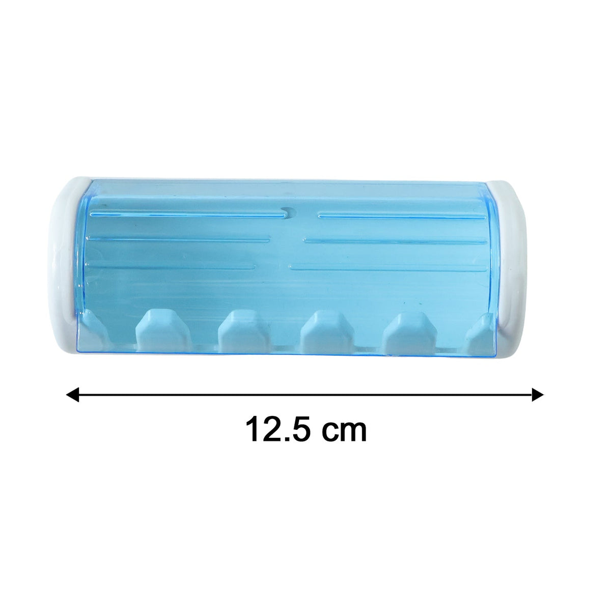 White and blue wall-mounted toothbrush holder with a 12.5 cm measurement arrow on a white background.