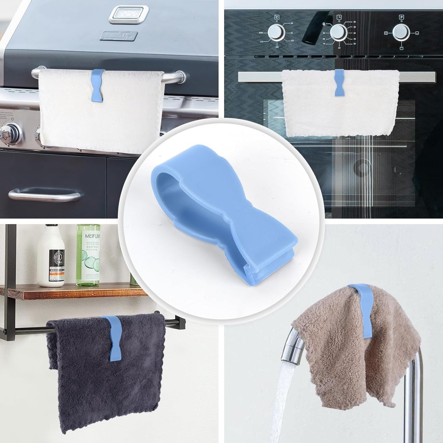 Towel clips holding towels on a rack in a bathroom setting