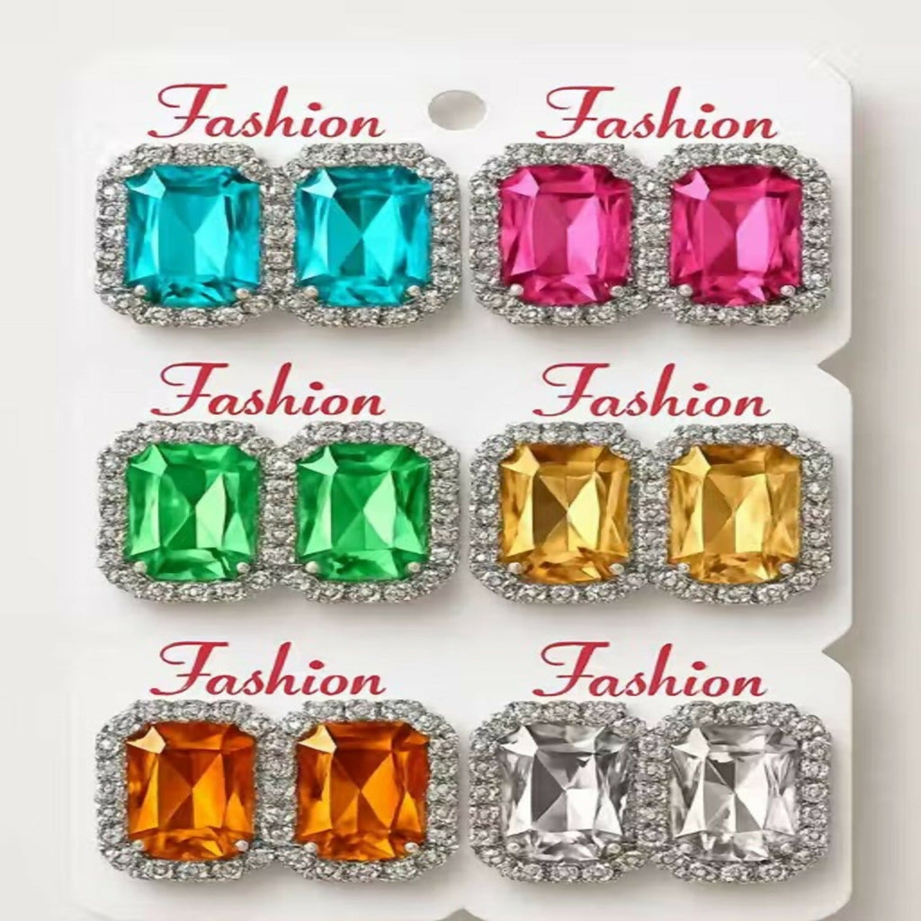 Emerald Cut Crystal Stud Earring Set, Multi-Color Royal Gemstone Collection - Set of 12Pair