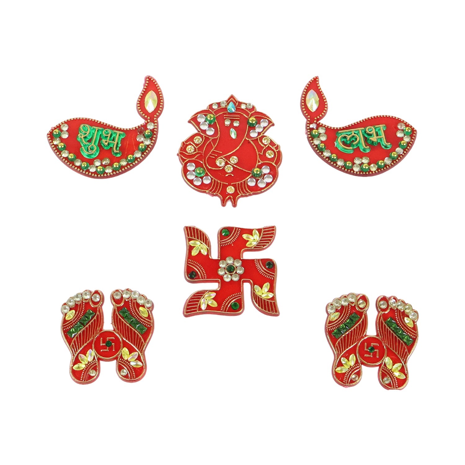 Traditional Shubh Labh decorative set with bright beads and embellishments