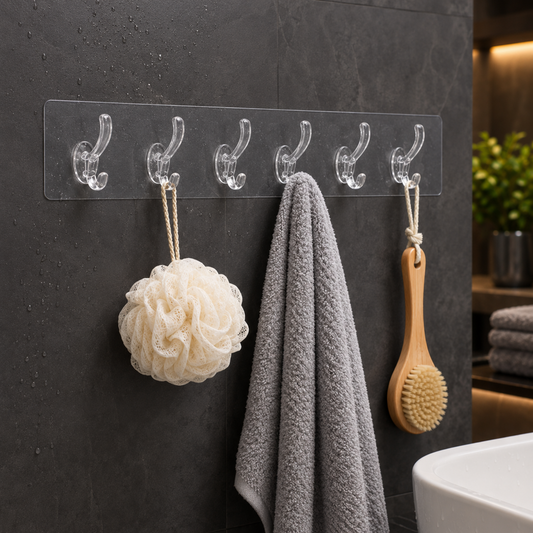 A clear plastic 6-hook adhesive rail holds a loofah, grey towel, and wooden brush on a dark tiled wall.