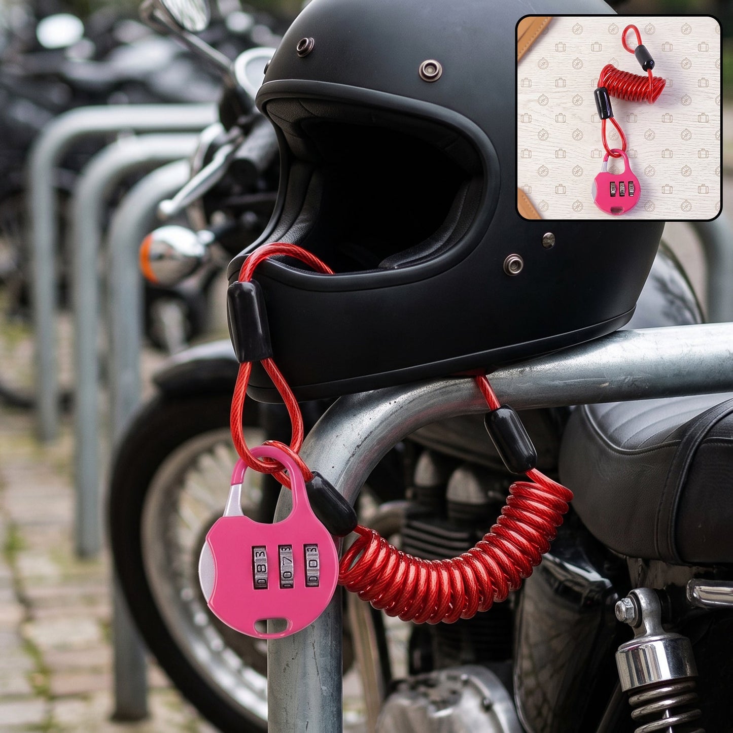 A black motorcycle helmet is secured to a bike rack with a pink combination lock and red coiled cable.