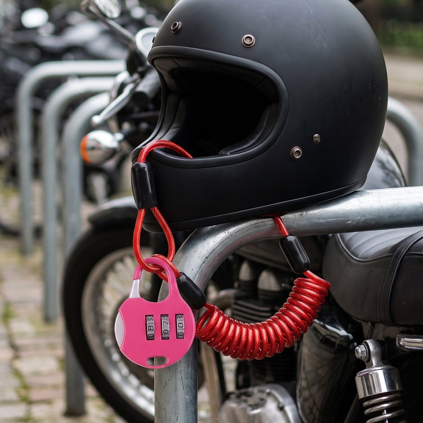 A black motorcycle helmet is secured to a bike rack with a pink combination lock and red coiled cable, with a "9003" label.